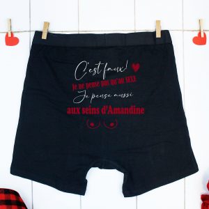 Boxer Noir "C'est faux je ne pense pas qu'au sexe, je pense aussi au seins de ...– Lingerie Sexy Personnalisée pour Saint-Valentin