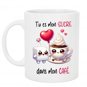 Mug Kawaii "Tu es mon Sucre dans mon Café" - Cadeau Amour & Humour - Tasse en Céramique 325 ml - Idée Cadeau Saint-Valentin