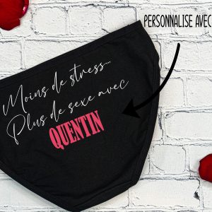 Culotte Noire "Moins de Stress, Plus de Sexe Avec [Prénom]" – Taille XS à XL | Lingerie Sexy Personnalisée pour Saint-Valentin