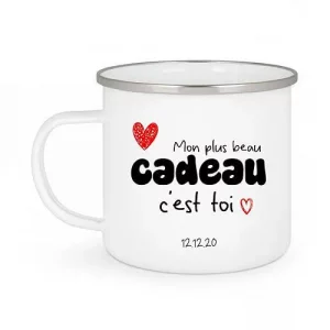 Mug Émaillé Personnalisé "Mon Plus Beau Cadeau C'est Toi" avec Date de Rencontre – Cadeau Romantique Saint-Valentin, Anniversaire ou Couple
