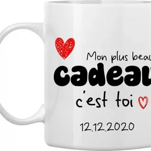Mug Blanc Personnalisé "Mon Plus Beau Cadeau C'est Toi" – Personnalisation avec Date de Rencontre – Cadeau Romantique pour Saint-Valentin