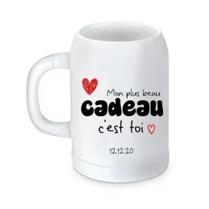 Chope de Bière Personnalisée 500 ml "Mon Plus Beau Cadeau C'est Toi" – Personnalisation avec Date de Rencontre – Cadeau Romantique Unique