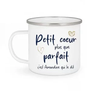 Mug Émaillé Blanc "Petit Cœur Plus Que Parfait" Personnalisable – Cadeau Unique pour Saint-Valentin ou Anniversaire
