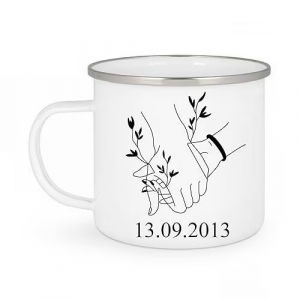 Mug Émaillé Personnalisé "Deux Mains Entrelacées" avec Date de Rencontre – Cadeau Saint-Valentin, Anniversaire ou Cadeau Romantique Unique