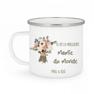Mug Émaillé Personnalisé –« Tu es la Meilleure Mamie» |Tasse Vintage avec Bouquet de Fleurs & Prénoms des Petits-Enfants | Cadeau Grand-Mère