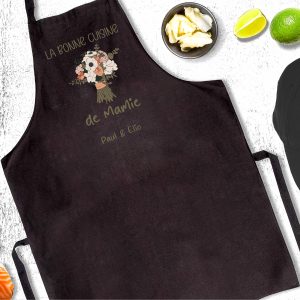 Tablier de Cuisine Personnalisé - "La Bonne Cuisine de Mamie" - Cadeau Grand-Mère - Tablier Noir avec Motif Floral & Prénom