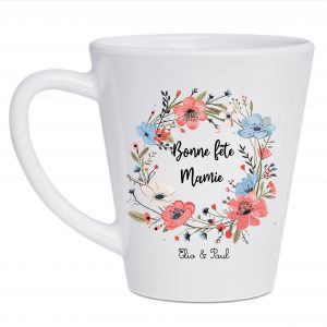 Mug Conique en Céramique 320 ml avec Couronne de Fleurs -  Personnalisable - Cadeau pour Mamie - Idée Cadeau de Fête des Grands-Mères
