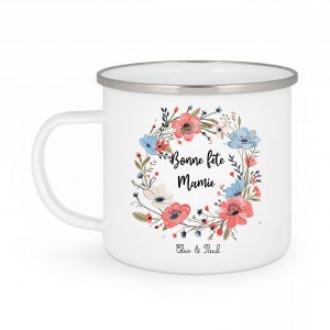 Mug Émaillé Personnalisé 350 ml - "Bonne Fête Mamie" avec Couronne de Fleurs - Cadeau Unique avec Prénoms des Petits-Enfants