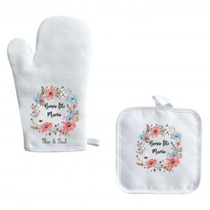 Set Gant et Manique de Cuisine Personnalisé -   Couronne de Fleurs et Prénoms des Petits-Enfants - Cadeau Unique pour Mamie