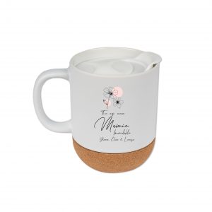 Mug en Céramique | Personnalisable avec Prénom des Petits Enfants| Couvercle en Bois + Base en Liège |Cadeau Idéal pour la Fête des Mamies