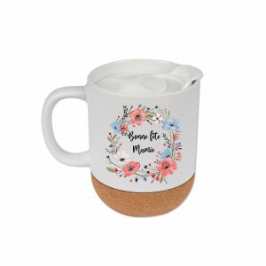 Mug en Céramique  avec Couronne de Fleurs | Personnalisable avec Prénom des Enfants|Base en Liège Naturel et Couvercle| Cadeau Idéal Mamies