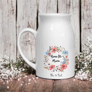 Pot à Lait en Céramique 450 ml Personnalisé -Couronne de Fleurs - Pot à Lait ou Petit Vase - Cadeau Unique pour Mamie