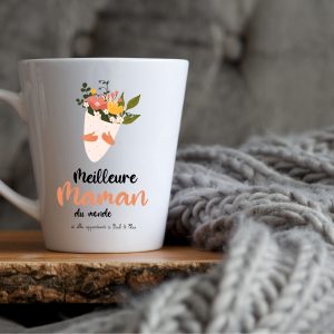 Mug conique personnalisé - 'Meilleure maman' + personnalisation avec prénom(s) enfant(s) +  fleur - Cadeau personnalisé fête des mères
