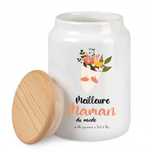 Pot à Cookies en Céramique 650 ml "Meilleure Maman du Monde" avec Couronne de Fleurs – Cadeau Personnalisé Fête des Mères – Pot à Biscuit Élégant avec Signature "Elle appartient à [prénom des enfants]"