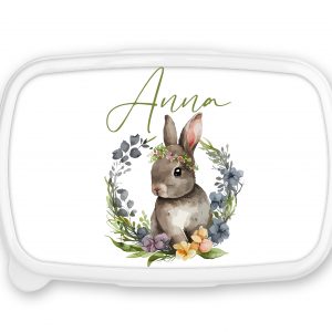 Boîte à Goûter Personnalisée - Lapin avec Prénom - Fond Bleu ou Rose - Cadeau Mignon et Pratique pour Pâques