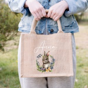 Sac en Jute 24x18 cm Personnalisé - Lapin avec Prénom - Cadeau Idéal et Écologique pour Pâques