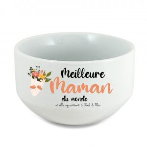 Bol céramique personnalisé 650ml/ Design bouquet de fleurs + 'Meilleure maman du monde' et elle appartient à (prénom)- Cadeau fête des mères