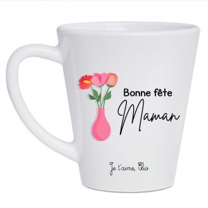 Mug conique personnalisé - 'Bonne fête maman' avec fleurs - Personnalisation de la phrase et prénoms des enfants - Cadeau fête des mères