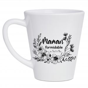 Mug conique personnalisé - 'Maman formidable' avec fleurs noires + ajout des prénoms des enfants - Cadeau personnalisé fête des mères