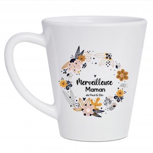 Mug Conique 320 ml – "Merveilleuse Maman de (Prénom des Enfants)" avec Couronne de Fleurs – Cadeau Fête des Mères