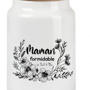 Pot à Cookies Personnalisé "Maman Formidable" 650 ml avec Imprimé Fleurs Noires – Cadeau Unique Fête des Mères – Personnalisable avec Prénom des Enfants – Pot à Biscuit Élégant