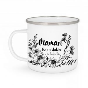 Mug Émaillé Personnalisé 12 oz "Maman Formidable" avec Fleur Noire – Cadeau Fête des Mères – Personnalisable avec des Prénoms des Enfants