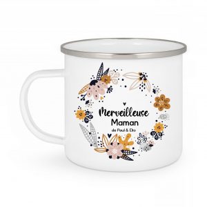 Mug Émaillé Personnalisé 12 oz "Merveilleuse Maman de [prénom]" avec Couronne Fleurs – Cadeau Fête des Mères – Mug Personnalisable Prénom