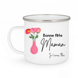 Mug Émaillé Personnalisé 12 oz "Bonne Fête Maman" avec Signature Prénom [Prénom] – Cadeau Unique Fête des Mères– Personnalisable avec Phrase