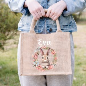 Sac en Jute 24x18 cm Personnalisé - Lapin avec Prénom - Cadeau Idéal et Écologique pour Pâques