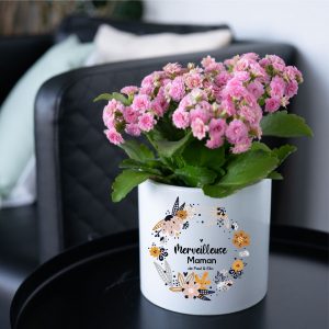 Pot de Fleurs en Céramique Blanche "Merveilleuse Maman de [prénom]" avec Couronne de Fleurs – Cadeau Fête des Mères – Pot Décoratif