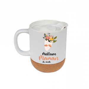 Tasse en Céramique "Meilleure Maman du Monde" avec Fleurs et Socle en Liège Amovible – Cadeau Idéal pour Maman – Contenance 330 ml