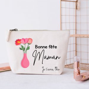 Trousse "Bonne Fête Maman" (Phrase Modifiable) avec Bouquet de Fleurs – Cadeau Personnalisé pour Maman – Taille L (23x23x11 cm, Volume 5L)