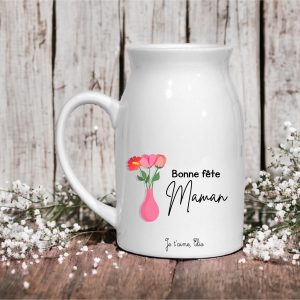 Petit Vase ou Pot à Lait 350 ml "Bonne Fête Maman" avec Bouquet de Fleurs Roses – Cadeau Personnalisé avec Prénom des Enfants – Idée Cadeau Unique Fête des Mères