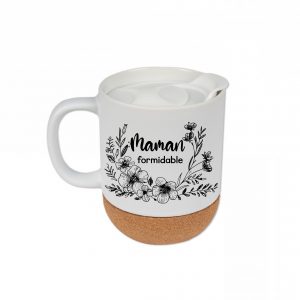 Tasse en Céramique "Maman Formidable de [prénom]" avec Fleurs et Socle en Liège Amovible – Cadeau Personnalisé Maman – Contenance 330 ml