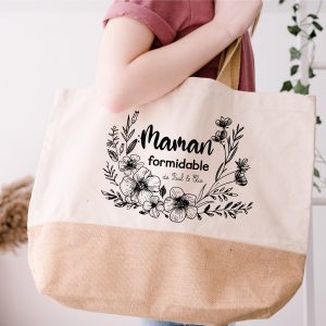 Sac Shopping Personnalisé "Maman Formidable avec Fleurs Noires – Cadeau Unique pour Maman – Sac , Dimensions 38x44x18 cm, Capacité 29L