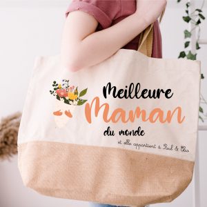 Sac Shopping Personnalisé avec Bouquet de Fleurs – Cadeau  pour Maman – Sac Prénom des Enfants, Dimensions 38x44x18 cm, Capacité 29L