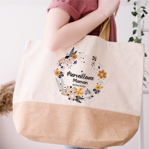 Sac Shopping Personnalisé  avec Couronne de Fleurs – Cadeau Unique pour Maman – Sac en Toile de Coton, Dimensions 38x44x18 cm, Capacité 29L