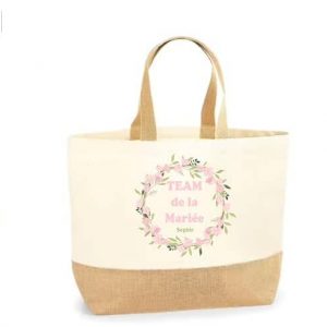 Grand Sac EVJF Personnalisé – Couronne Rose Pâle et Vert Gris – Texte au Choix + Prénom – Format 29L – Cadeau Mariée ou Team