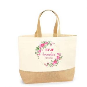 Grand Sac EVJF Personnalisé – Couronne de Fleurs Rose Fuchsia – Texte au Choix – Format 29L – Sac Mariée ou Team EVJF