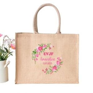 Grand Sac EVJF Personnalisé 42x30 cm – Couronne de Fleurs Rose Fuchsia – Prénom + Date – Cadeau Mariée ou Team EVJF