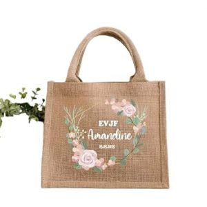 Petit Sac EVJF en Jute 18x25 cm – Couronne de Fleurs – Texte au Choix – Cadeau Mariée ou Team – Accessoire Enterrement Vie de Jeune Fille