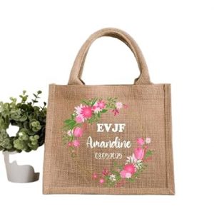 Petit Sac EVJF Personnalisé – 18x25 cm – Couronne de Fleurs Rose Fuchsia – Texte au Choix – Cadeau Mariée ou Team