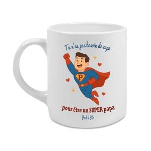 Mug Céramique 350 ml Super Papa Personnalisé – "Tu n'as pas besoin de cape pour être un super papa" – Cadeau Fête des Pères – Prénom(s) Enfant(s)