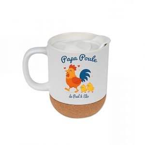 Mug Céramique avec Base en Liège et Couvercle – Papa Poule Personnalisé – Avec Prénom(s) Enfant(s) – 330 ml – Cadeau Fête des Pères