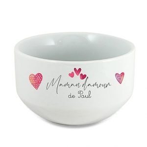 Bol Céramique 600ml "Maman d’amour de [Prénom(s)]" – Cadeau Fête des Mères Personnalisé – Design Petits Cœurs Roses – Bol Petit-Déjeuner Tendre et Unique