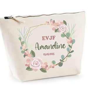 Pochette EVJF Personnalisée – Couronne de Fleurs – Prénom + Date – Trousse Mariée ou Team – Cadeau Enterrement Vie Jeune Fille