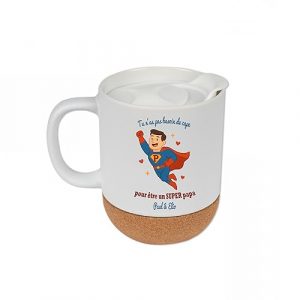Mug Céramique avec Base en Liège et Couvercle – Super Papa Personnalisé – "Tu n'as pas besoin de cape pour être un super papa" – 330 ml – Cadeau Fête des Pères