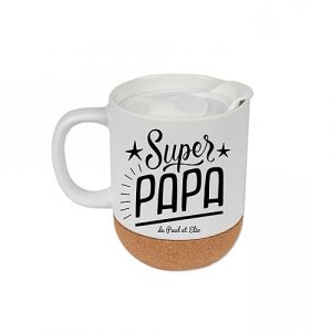 Mug Céramique avec Base en Liège et Couvercle – Super Papa Personnalisé – Avec Prénom(s) Enfant(s) – 330 ml – Cadeau Fête des Pères