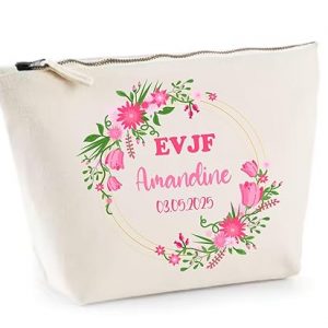 Pochette EVJF Personnalisée – Couronne de Fleurs Rose Fuchsia – Prénom + Date – Cadeau Mariée ou Team EVJF – Trousse