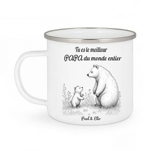 Mug Émaillé Meilleur Papa du Monde – Papa et Bébé Ours – Cadeau Personnalisé Fête des Pères – Tasse Papa avec Prénom(s) Enfant(s)